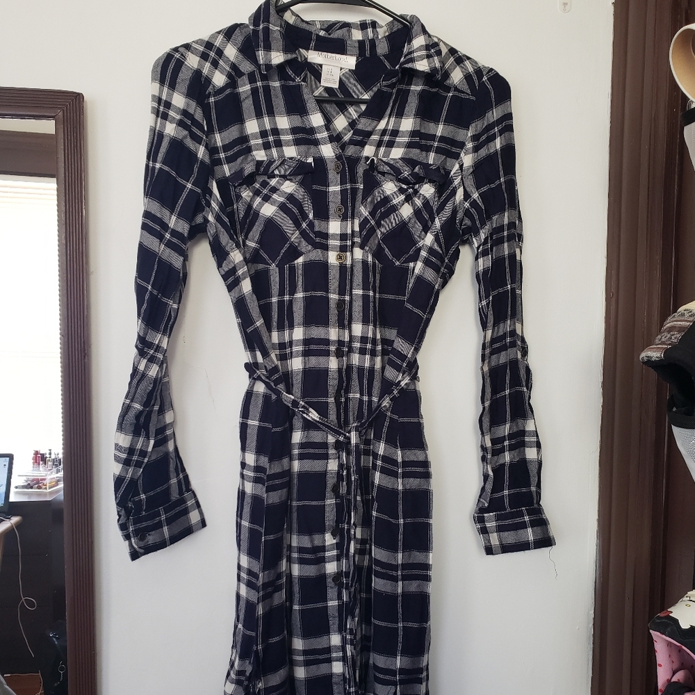 Blue and White Plaid Maternity Shirt Dress.